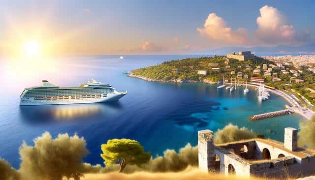 A cruise ship sails near a scenic coastal town with historic ruins, green hills, and a vibrant blue sea at sunset.