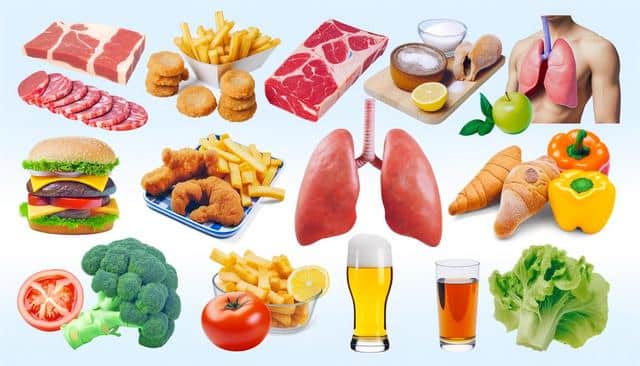 Various foods, like meat, fries, burger, vegetables, beer, and a human torso with lungs.