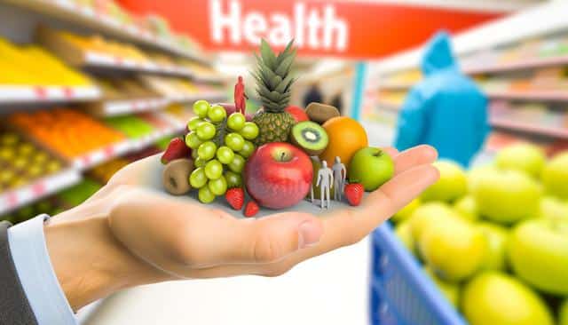 A hand holds assorted fruits with miniature figures, set in a grocery store aisle labeled "Health."