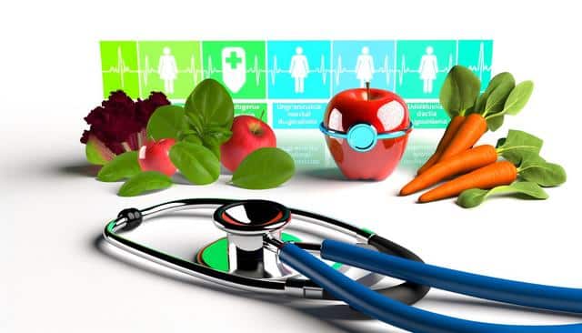 A stethoscope, vegetables, fruits, and a heartbeat graph symbolize health and nutrition.