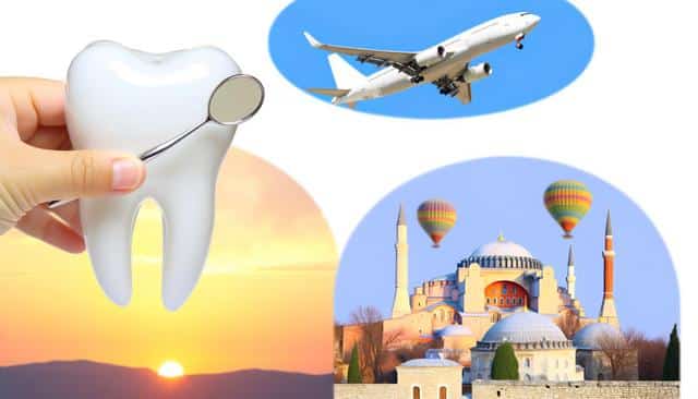 A hand holds a tooth model with a dental mirror; an airplane, hot air balloons, a mosque, and a sunset are in the background.