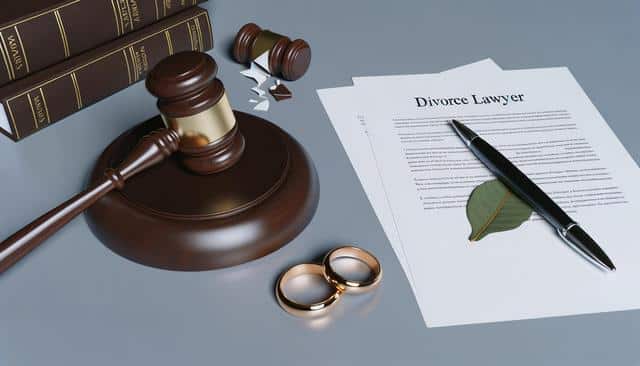 Gavel, legal books, broken gavel, two gold rings, and divorce lawyer document with pen and leaf.