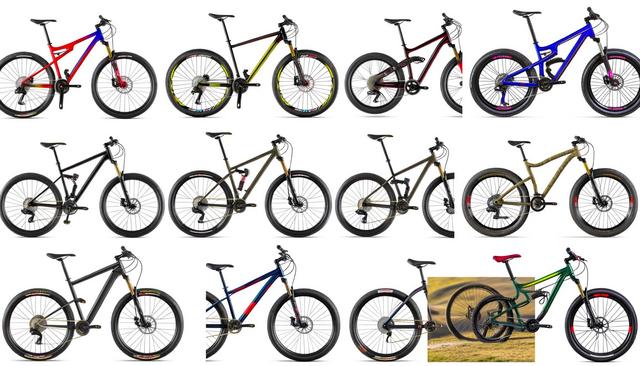 A grid of eleven different mountain bikes with various colors and designs.