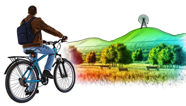 A person rides a bike towards a park with colorful trees, benches, and a hill with a Ferris wheel.