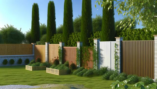 Wooden and white fences with tall trees and bushes in a landscaped garden.