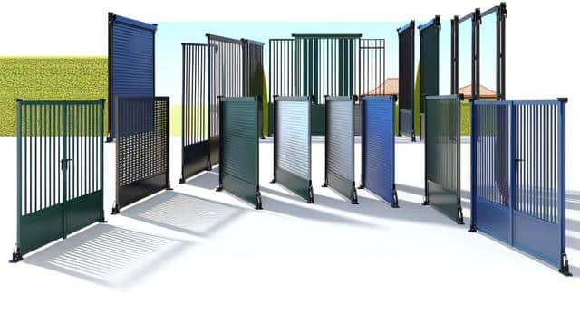 Various metal gates in different styles and colors, set against a clear blue sky.