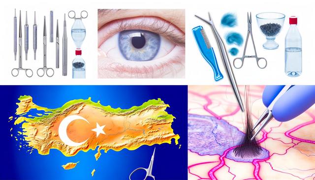 Various surgical tools, a blue eye, hair transplant illustration, and a map of Turkey with a crescent and star.