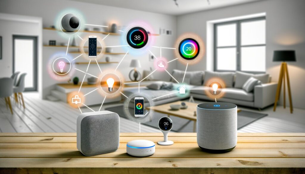 Smart home devices on a table with digital icons connecting them, symbolizing a smart home network in a modern living room.