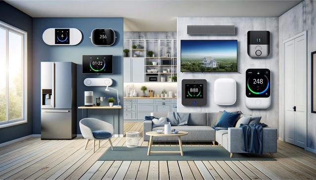 Modern living room with smart home devices on walls, blue sofa, coffee table, and kitchen in background.