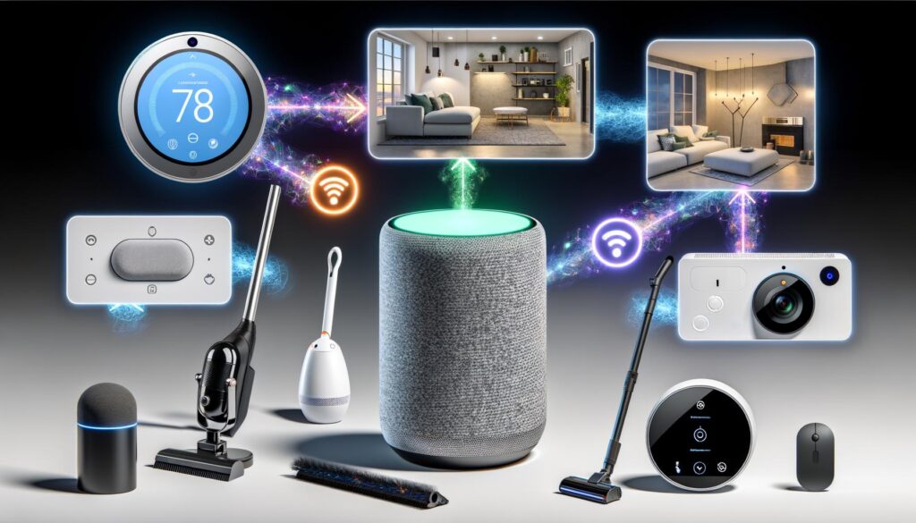 Smart home devices, including a thermostat, smart speaker, and camera, connected to various appliances and living spaces.