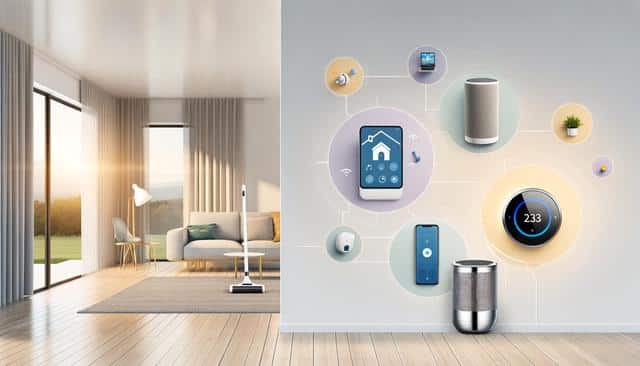 Modern living room with smart home devices, including a thermostat, speaker, and phone interconnected.