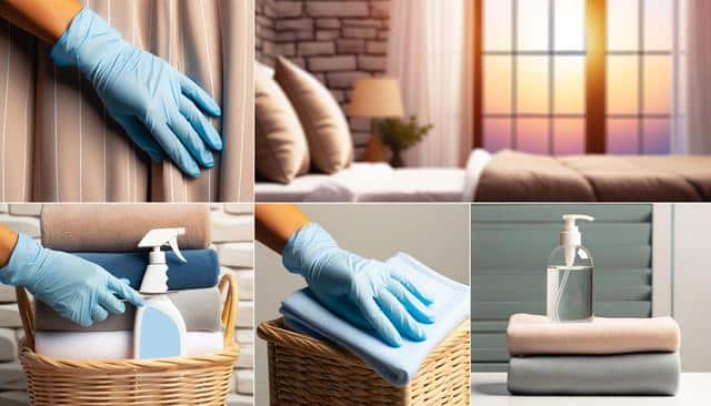 Collage of cleaning scenes: gloved hands adjusting curtains, sunlight through a window, towels and cleaning supplies in a basket, hands folding towels, and a soap dispenser on folded cloths.