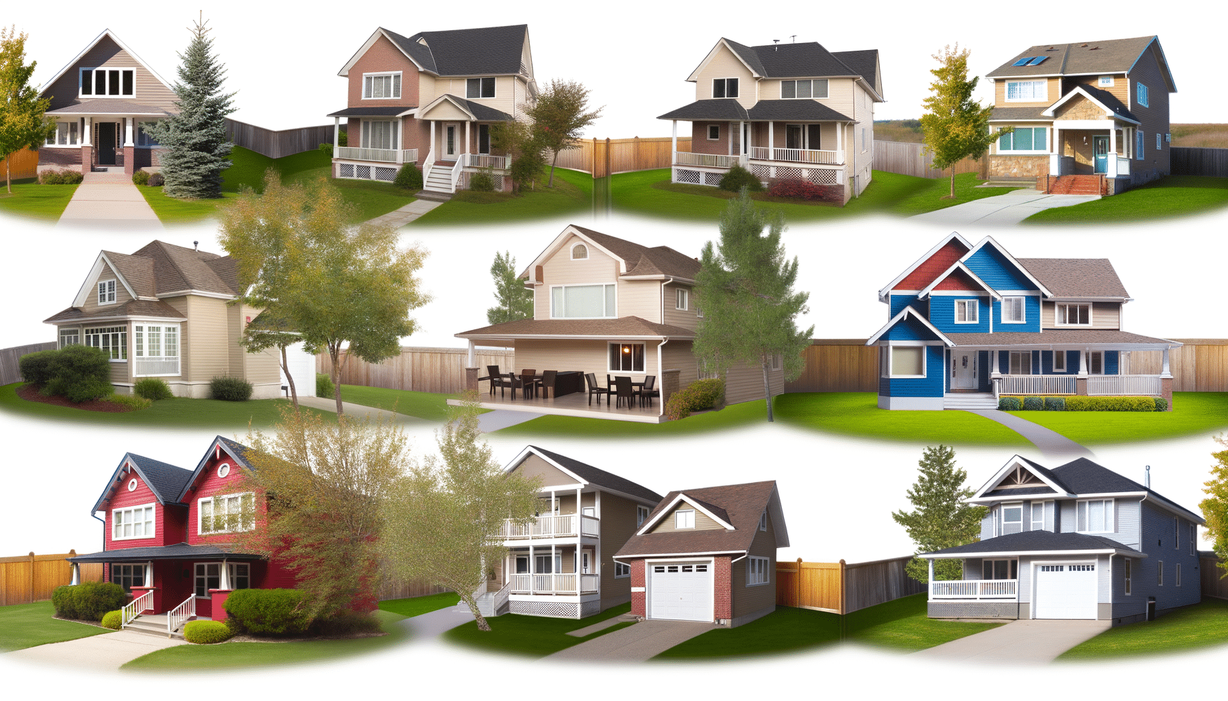 Collage of ten suburban houses with varied designs and colors, each with a lawn and some trees.