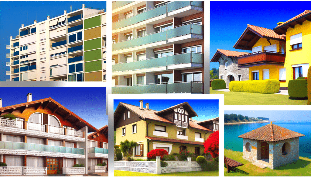 Collage of modern apartment buildings, colorful houses, and a small stone cottage by the water.