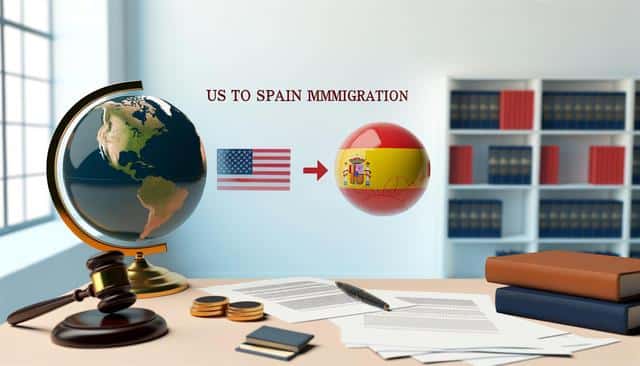 A globe, US and Spain flags, gavel, legal documents, and books represent immigration.