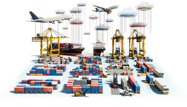 Illustration of a logistics hub with cranes, cargo ships, trucks, and airplanes connected to floating clouds.