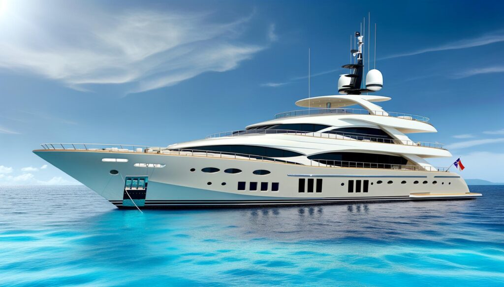 Luxurious yacht sailing on clear blue ocean under a bright sky.