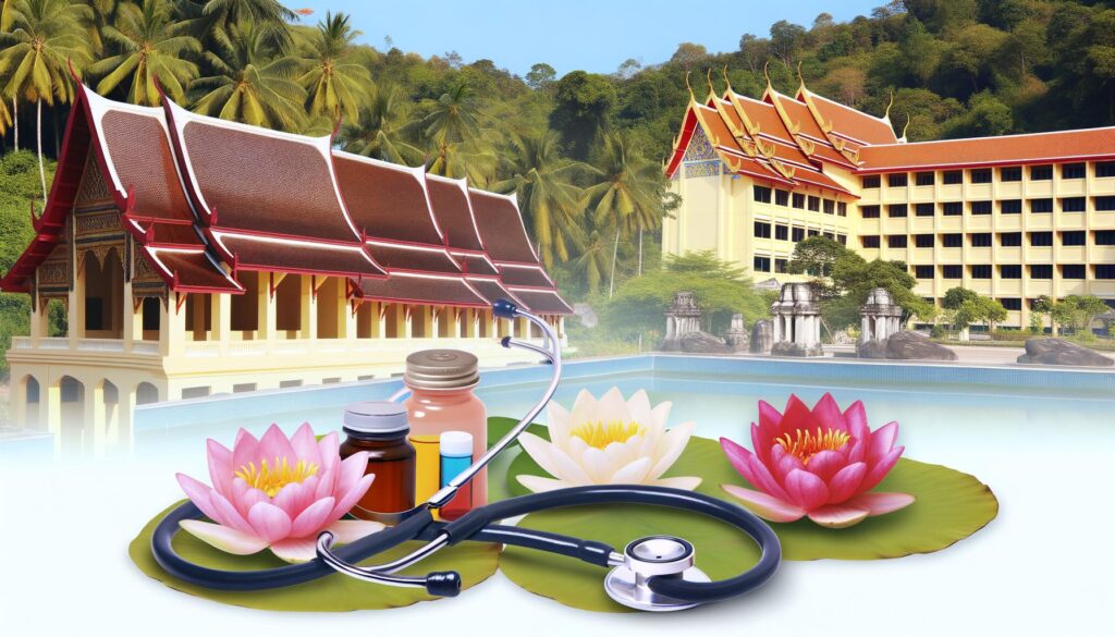 The image shows traditional Thai architecture with a stethoscope, medicine bottles, and lotus flowers in the foreground.