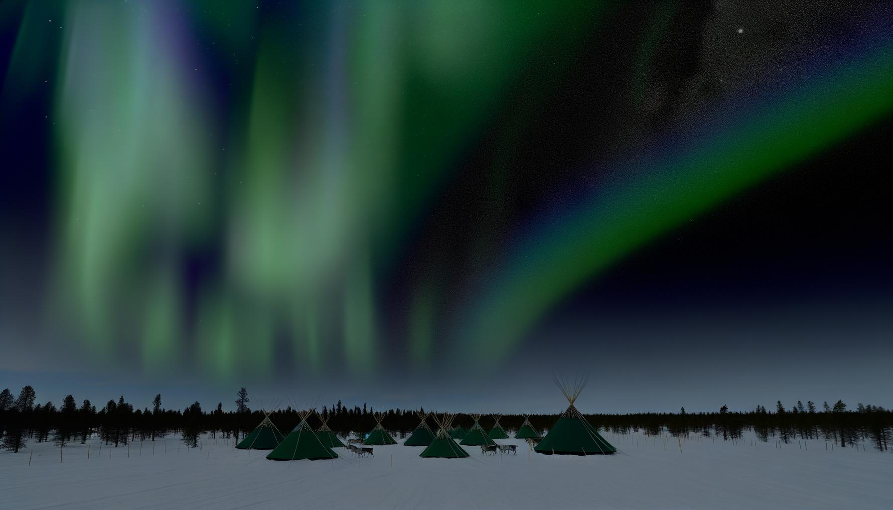 Northern lights over snowy landscape with green tents and trees.