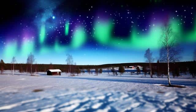 A snowy landscape with bare trees, a few houses, and vibrant northern lights in the night sky.