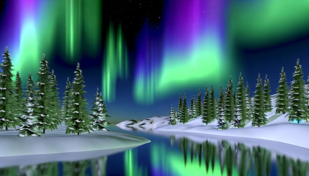 Snowy landscape with pine trees reflected in a river, under vibrant green and purple northern lights.