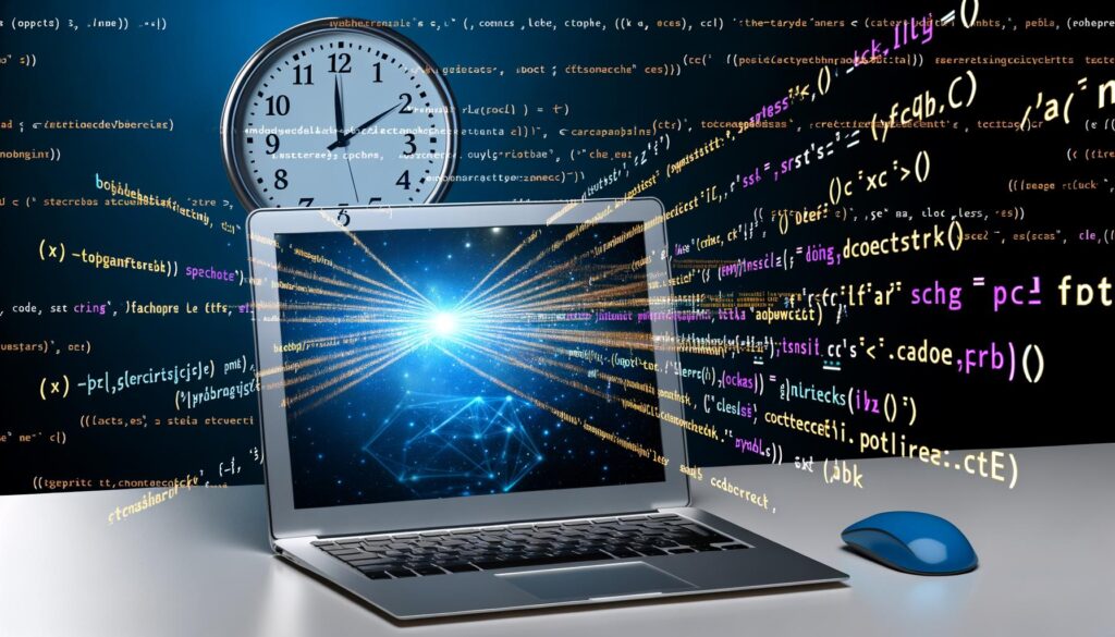 A laptop with digital rays and colorful code, a clock in the background.