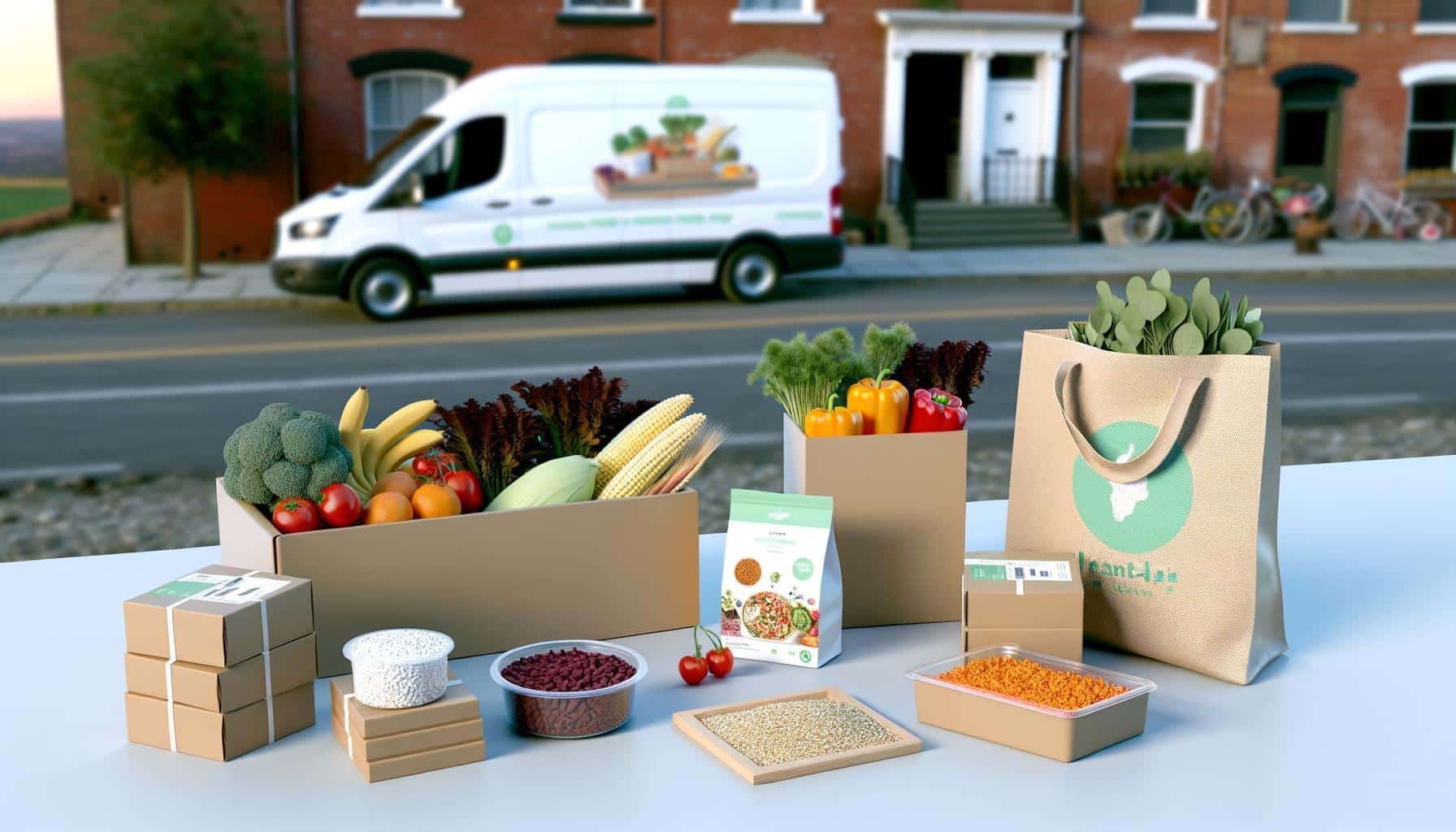 Boxes and bags of fresh produce on a table, with a delivery van in the background.