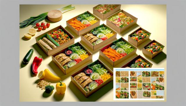 Colorful meal prep boxes with fresh vegetables, fruit, and grains, arranged neatly with whole produce around them.