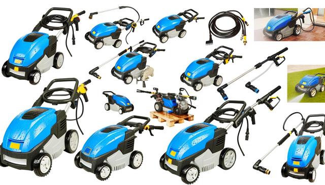 Collage of blue and gray pressure washers and accessories, including hoses and spray nozzles.