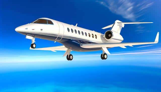 A white private jet flying in a clear blue sky.