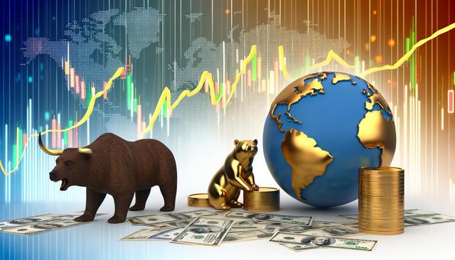 Bull and bear on a financial market background with a globe, dollar bills, and stacks of coins.