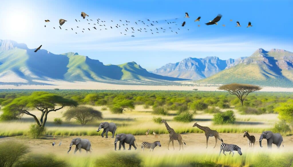 African savannah scene with elephants, giraffes, zebras, and birds. Mountains and acacia trees in the background under a blue sky.