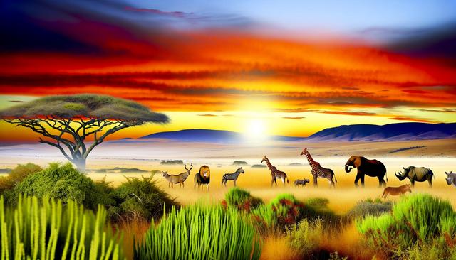 A vibrant African savanna scene at sunrise with various animals including a lion, elephant, giraffes, and zebras.