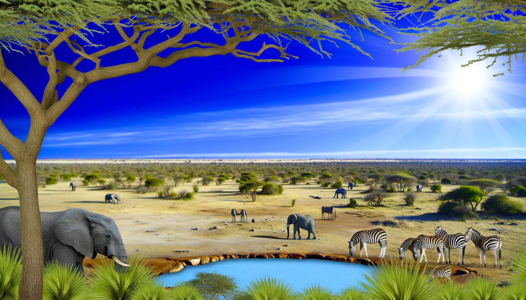 A savannah landscape with elephants and zebras by a waterhole under a bright sun.