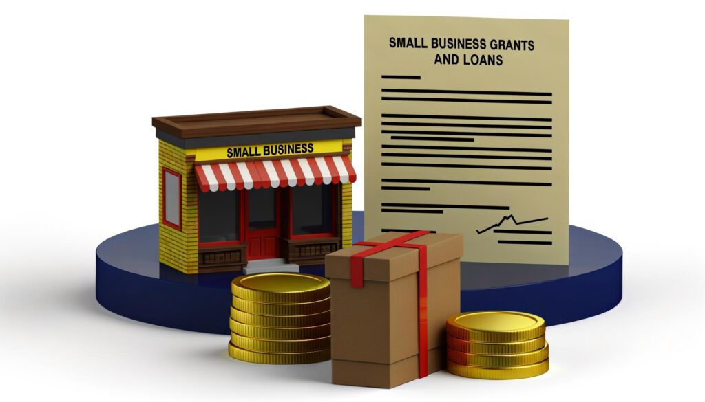 A small business model with coins, a gift box, and a document titled "Small Business Grants and Loans" on a blue platform.