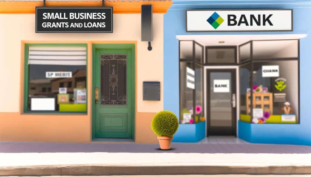 A small business loan storefront next to a bank, with a potted plant in between.