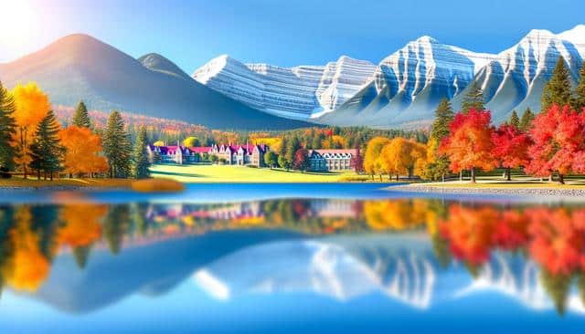 A serene landscape with colorful autumn trees, a lake, distant mountains, and buildings in the background.