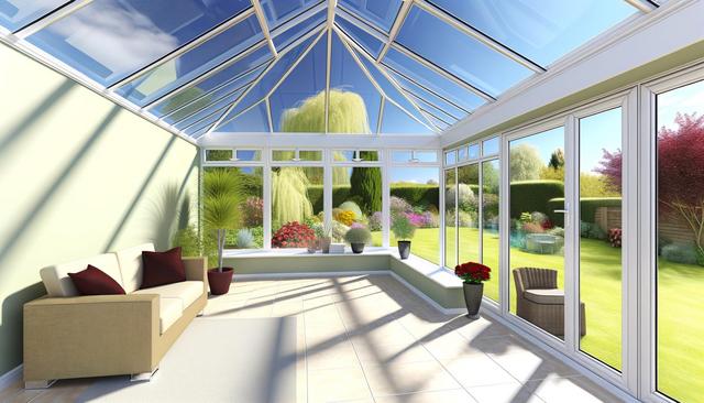 Bright sunroom with glass walls and ceiling, sofa, plants, overlooking a colorful garden.