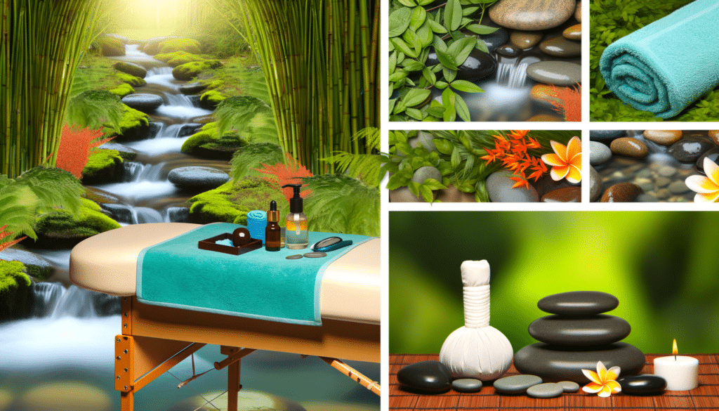 A serene spa setup with a massage table, essential oils, a rolled towel, smooth stones, and bamboo, set by a tranquil stream with lush greenery and flowers.