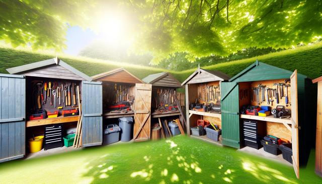 Four garden sheds with open doors, tools hanging inside, and lush green trees above.