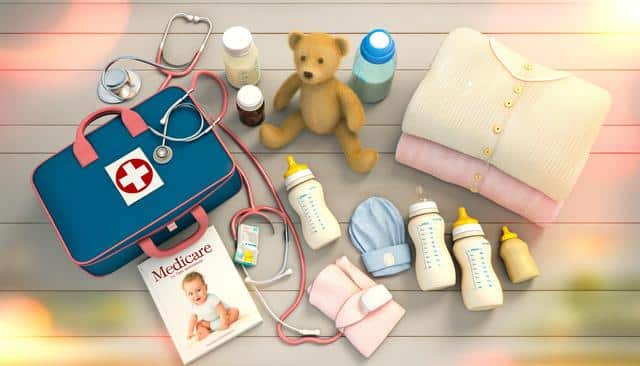 Baby care items on a wooden surface include a teddy bear, stethoscope, medicine bottles, baby bottles, folded sweaters, and a book.