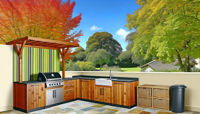 Outdoor kitchen with wood cabinets, grill, and sink, set against a backdrop of colorful autumn trees and a clear blue sky.