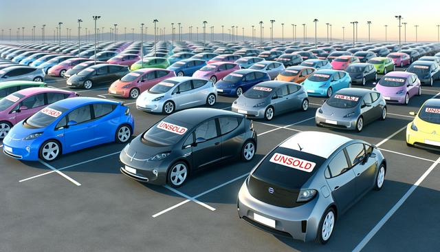 A large parking lot filled with colorful cars labeled "UNSOLD."