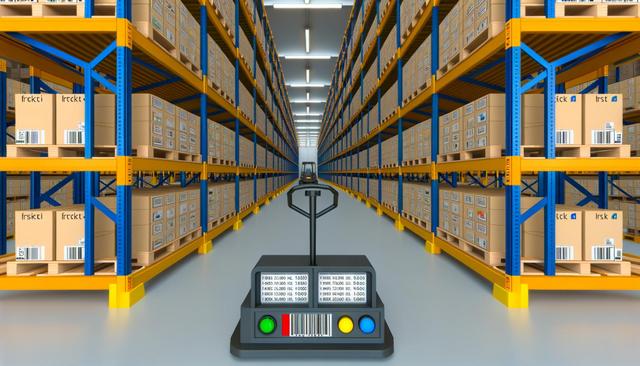 Warehouse aisle with tall shelves stacked with boxes, viewed from behind a pallet jack.