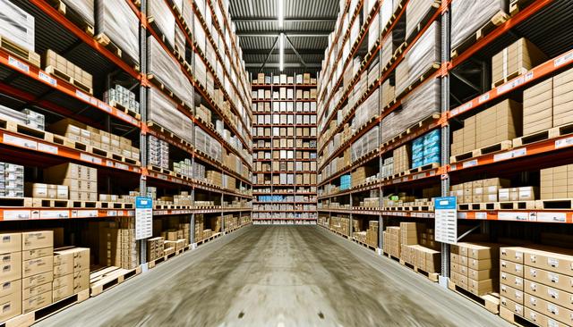 Interior of a large warehouse with tall shelves filled with boxes.