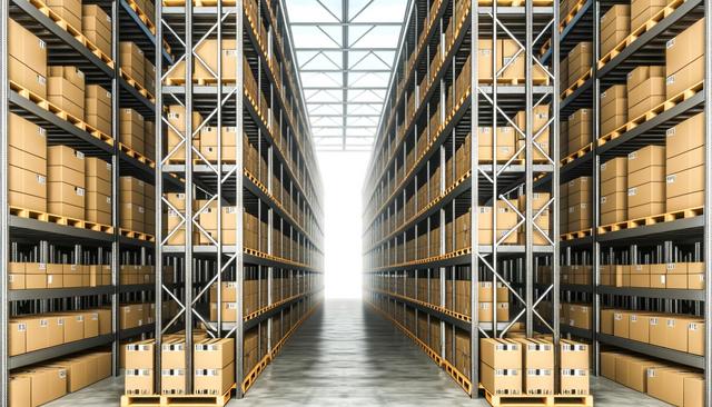 Rows of tall warehouse shelves filled with brown boxes, creating a symmetrical, tunnel-like view.