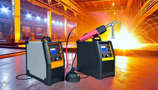 Two welding machines in a factory with bright sparks in the background.