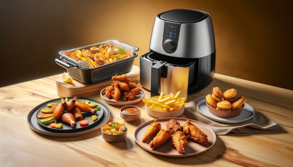 An air fryer surrounded by crispy fries, chicken wings, mini sandwiches, roasted vegetables, and dipping sauces on a wooden table.