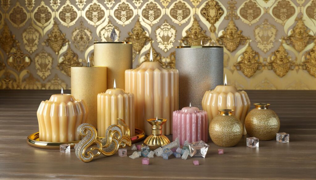 Elegant candles and golden decor on a wooden table with ornate wallpaper in the background.