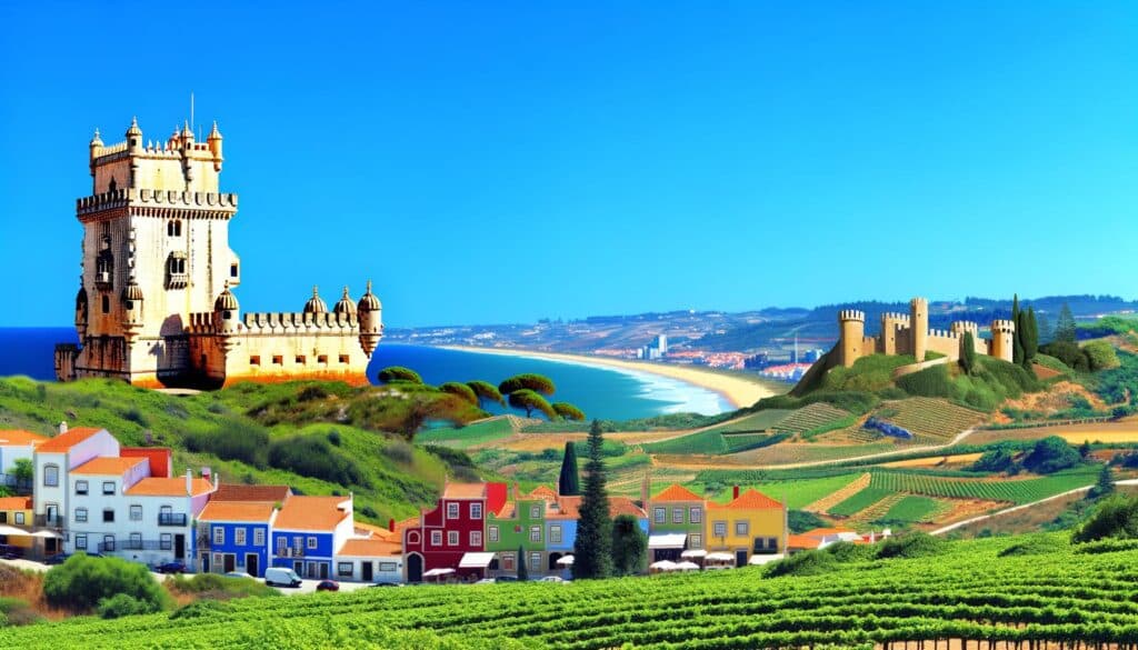 Scenic landscape with a historic tower, colorful houses, vineyards, and a distant beach.